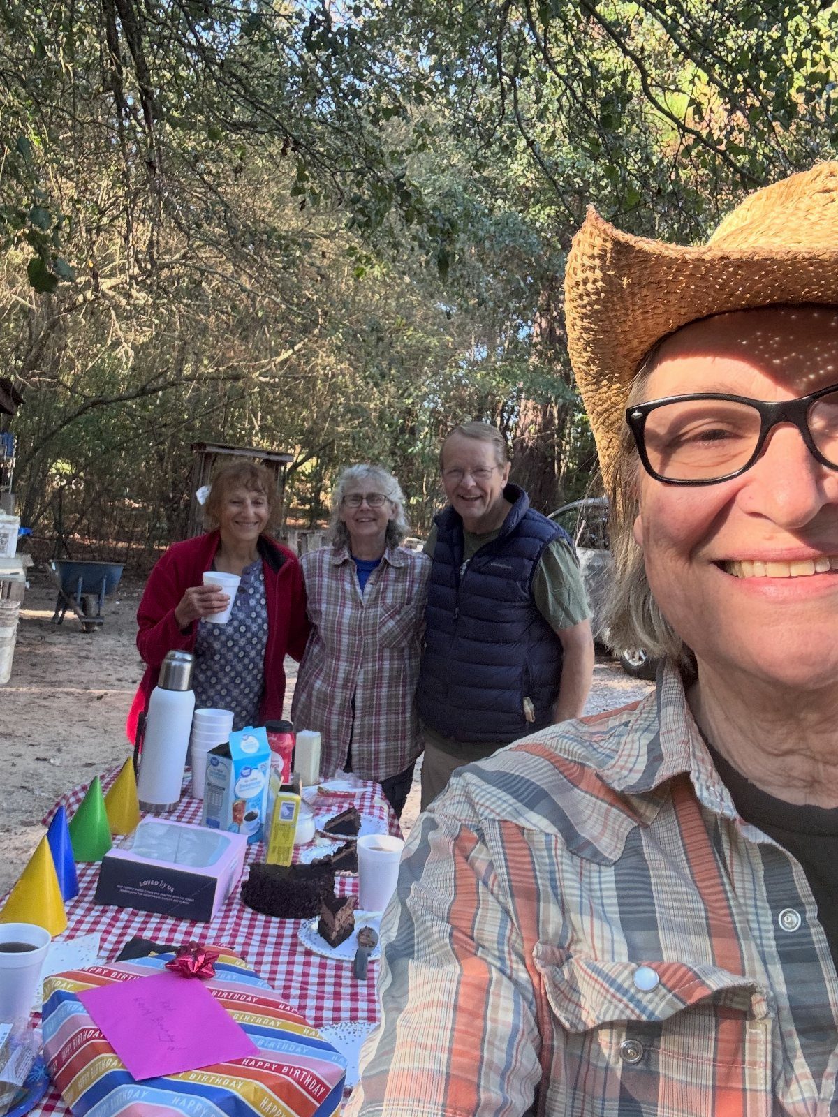 Four adults smiling at a picnic table with food and cake outdoors.