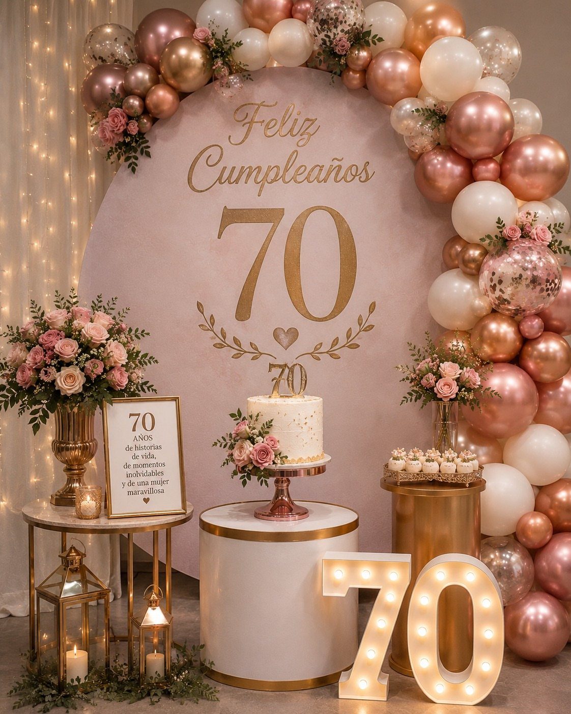 70th birthday party decoration with pink backdrop, rose gold balloons, and light-up numbers.