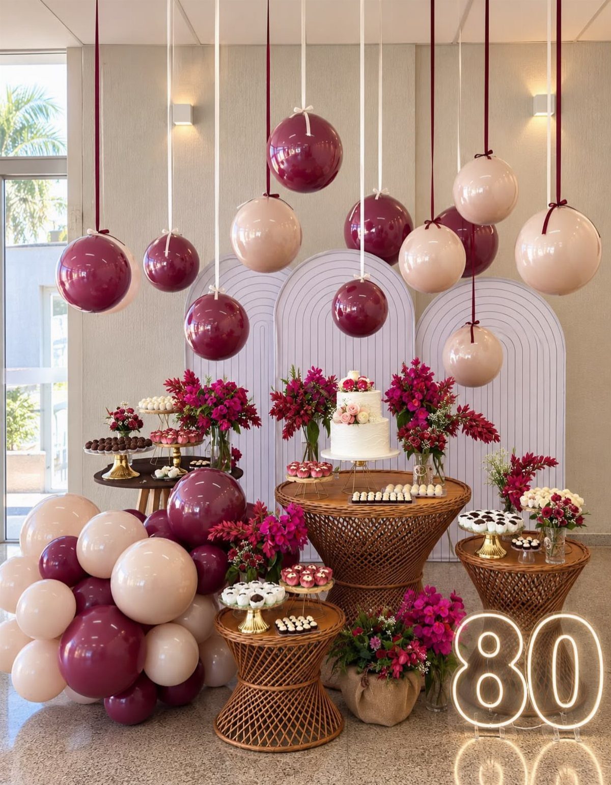 Festive 80th birthday decorations with burgundy balloons, wicker tables, and a glowing 80 sign.