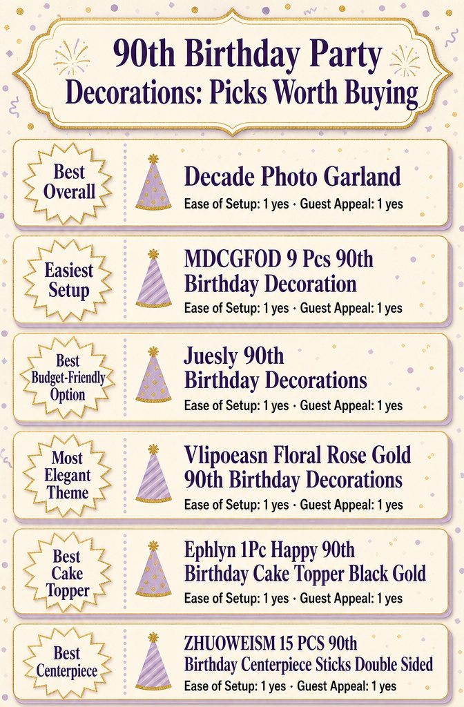 An infographic comparing different 90th birthday party decoration options with specifications.