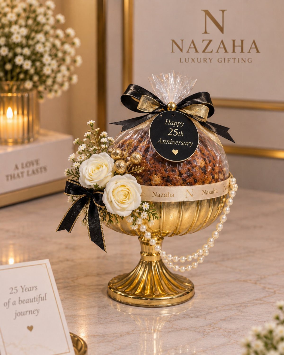 Gold pedestal bowl with anniversary cake, white roses, and pearl string decoration.