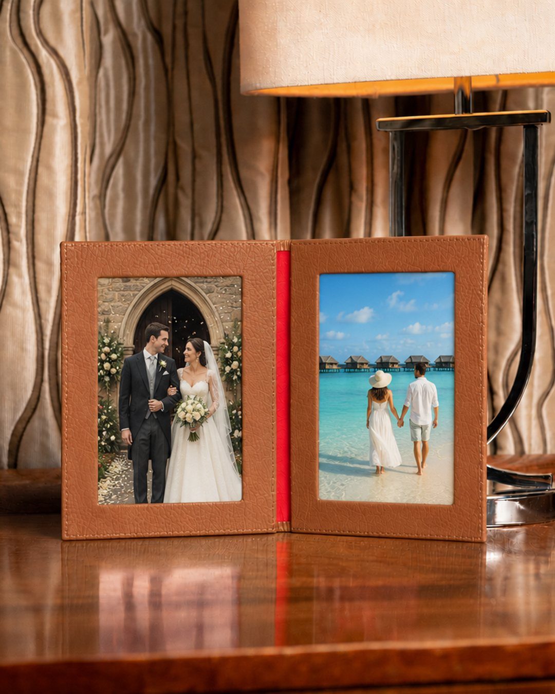 Brown leather double photo frame containing wedding and beach photos on wooden table