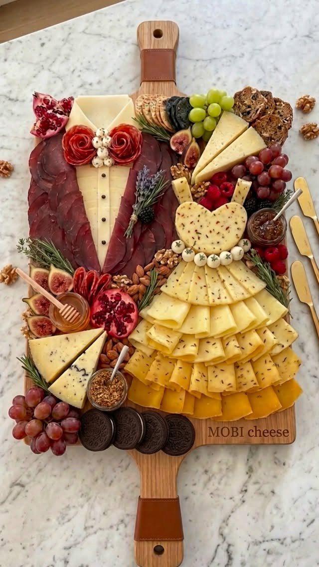 Charcuterie board arranged as a couple in wedding attire using meats and cheeses.