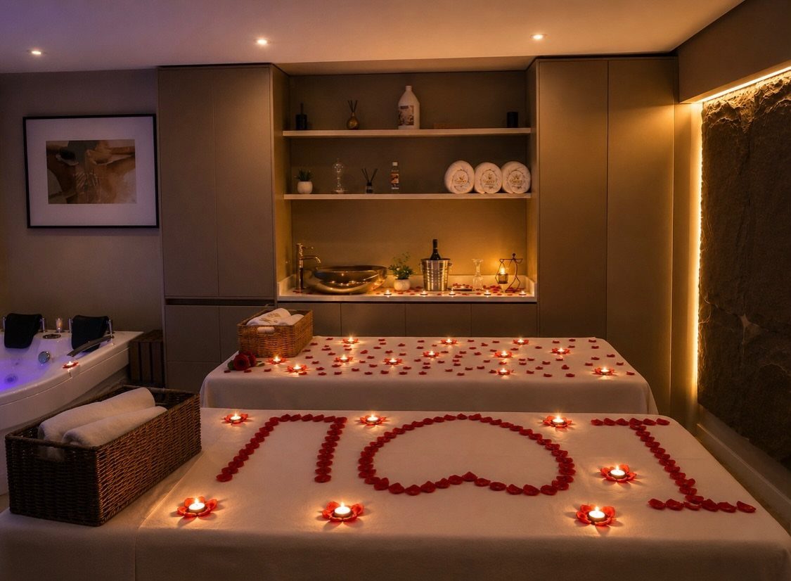 Two spa massage tables decorated with red rose petals spelling LOVE and candles.