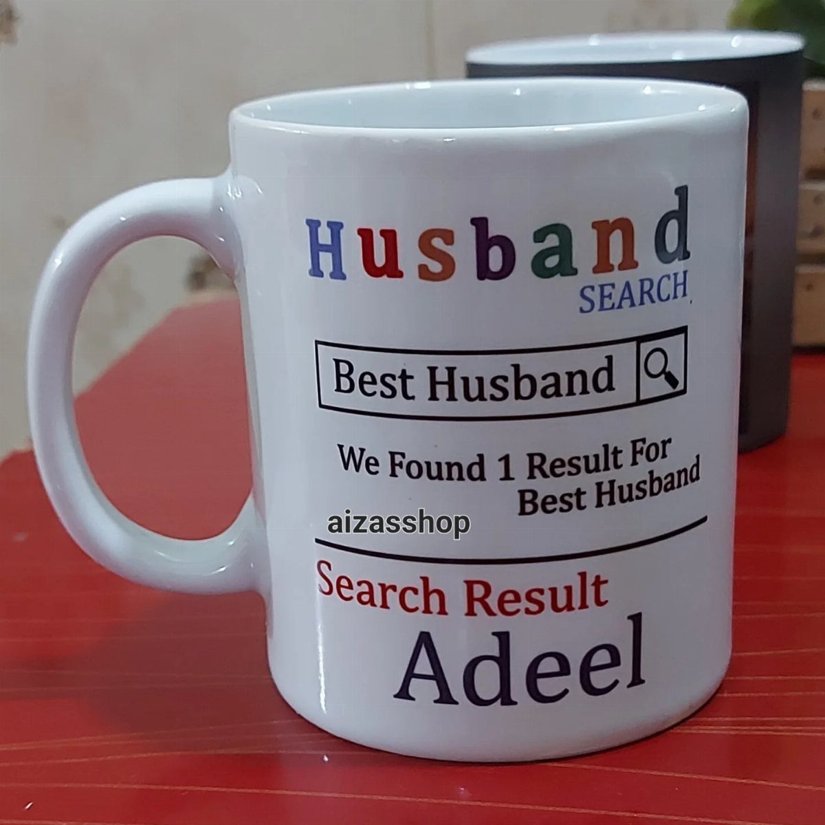 White ceramic mug with a search engine design for the best husband Adeel