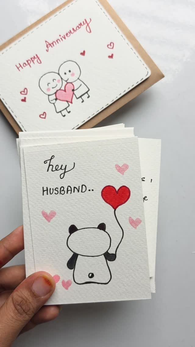 Handmade anniversary cards for a husband featuring cute panda and couple illustrations.