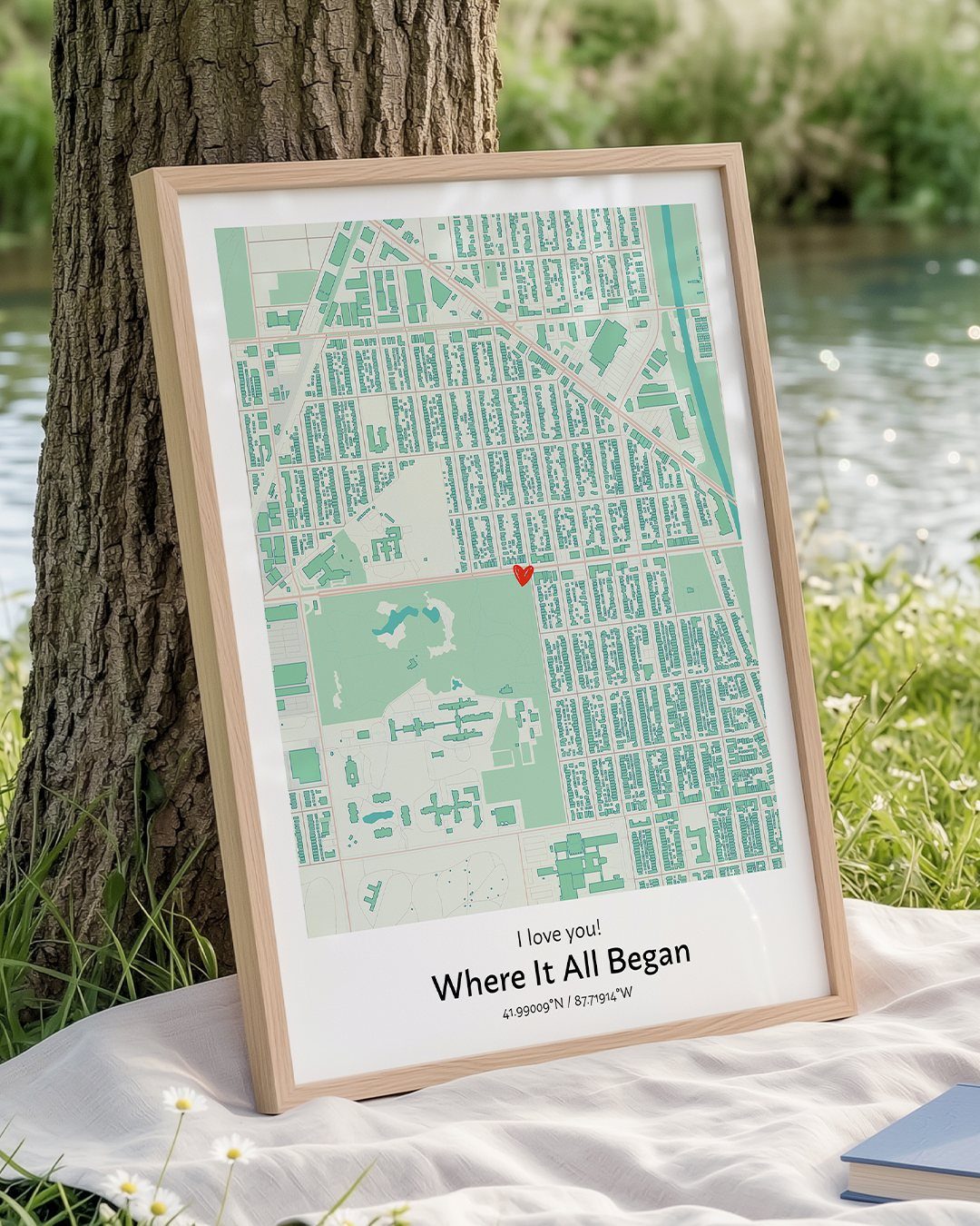 Framed map print with a red heart marker leaning against a tree outdoors.
