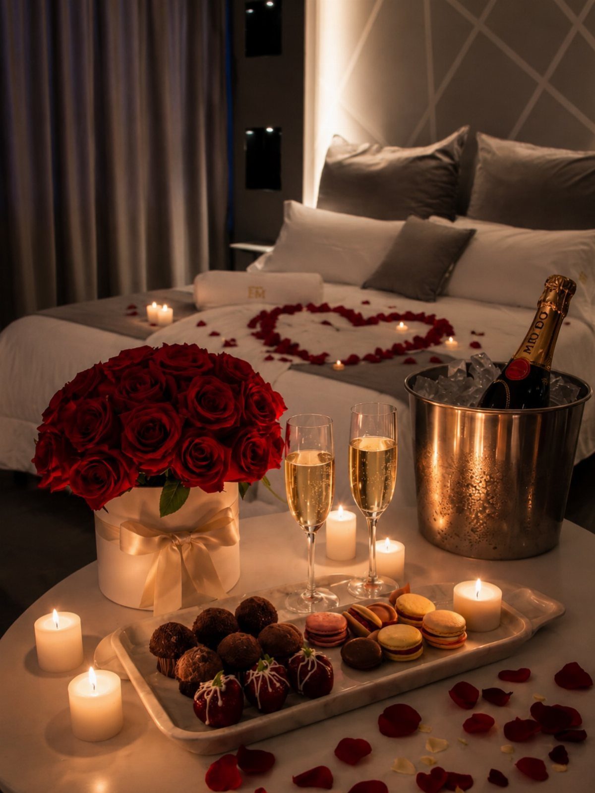 Romantic bedroom setup with red roses, champagne, chocolates, and rose petals on bed