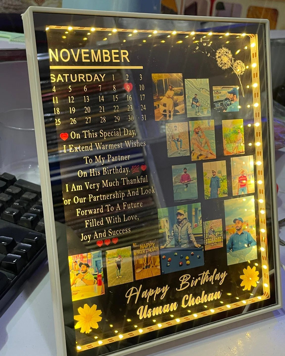 Custom photo night light with birthday message, calendar, and photos of a man.