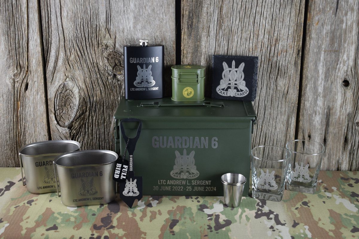 Personalized green ammo can gift set with engraved flask and whiskey glasses.