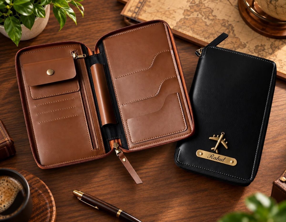 Leather passport holders in brown and black with personalized gold nameplate on wood.