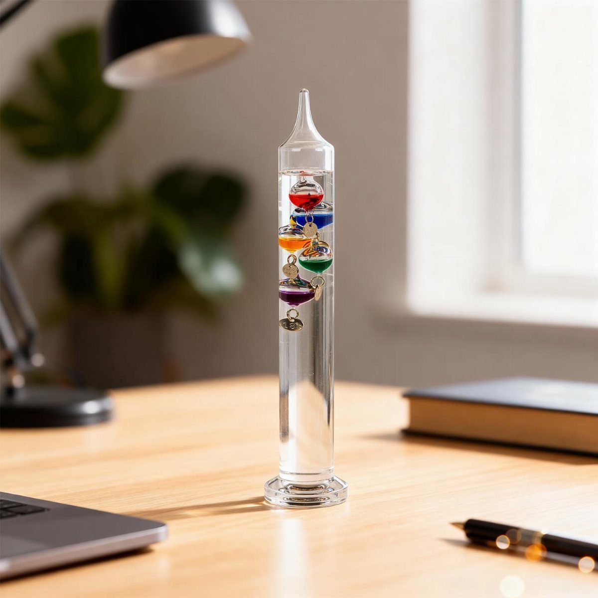 Galileo thermometer with colorful floating spheres on a wooden desk next to a book.