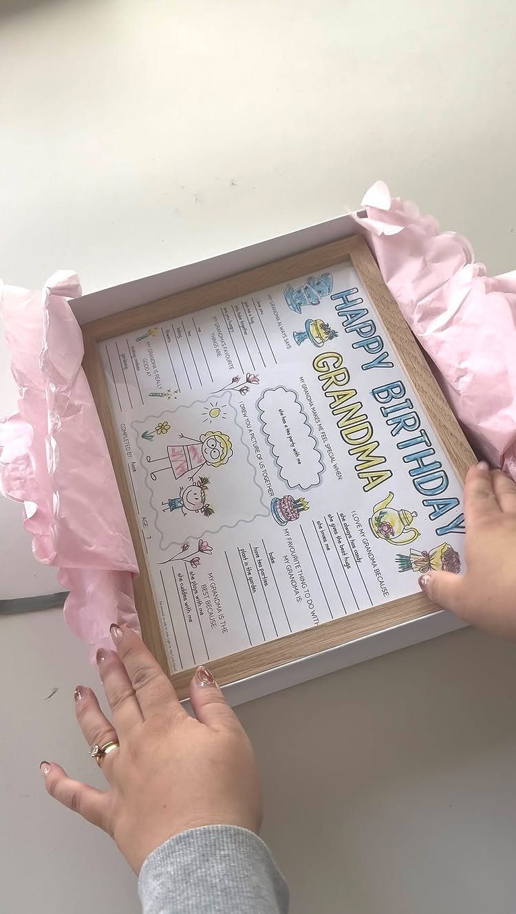 Framed birthday card for grandma in a gift box with pink tissue paper