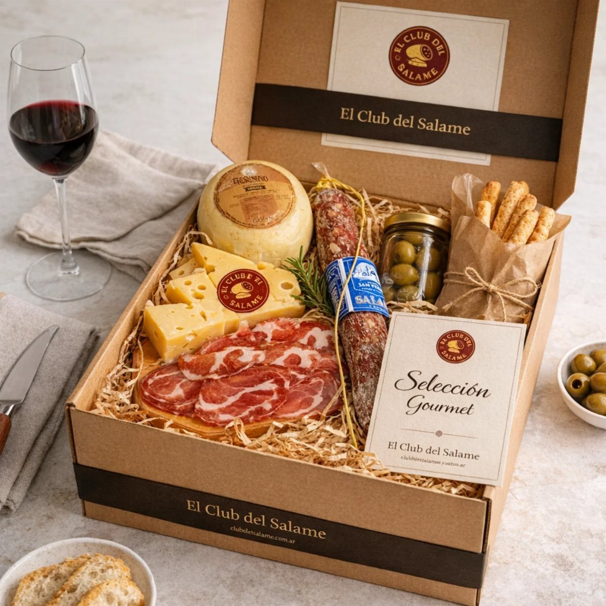 Gourmet gift box with cheeses, cured meats, olives, and breadsticks beside red wine.