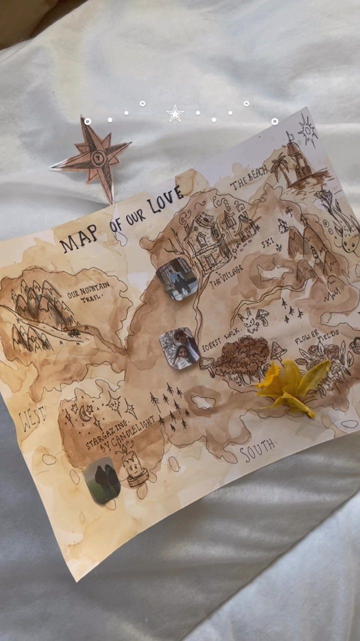 Hand-drawn romantic map titled Map of Our Love with photos and a flower