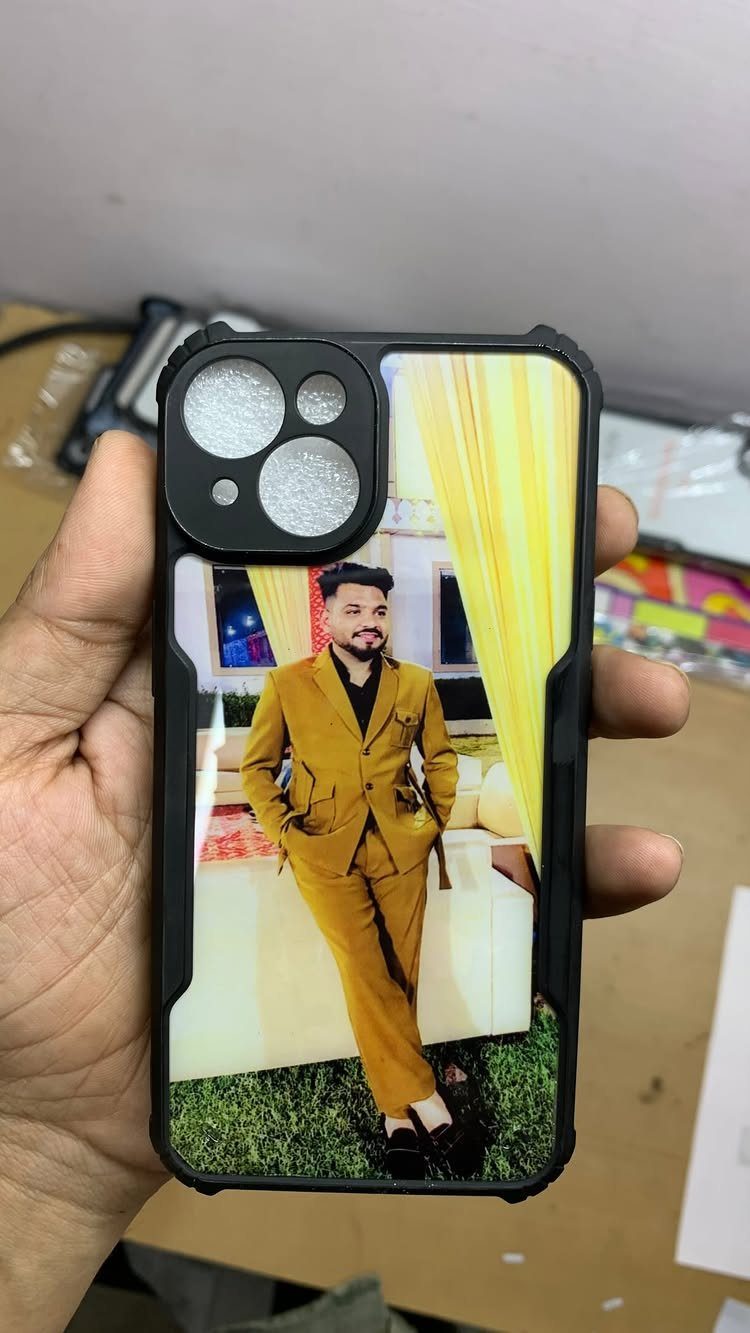 Black phone case with a custom photo of a man in a yellow suit.