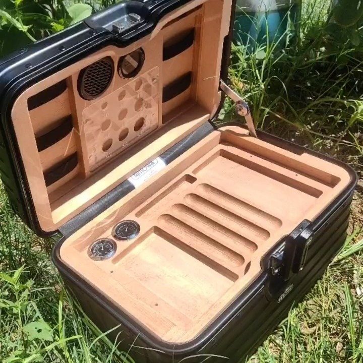 Wooden watch and accessory organizer built inside a black hard-shell suitcase on grass