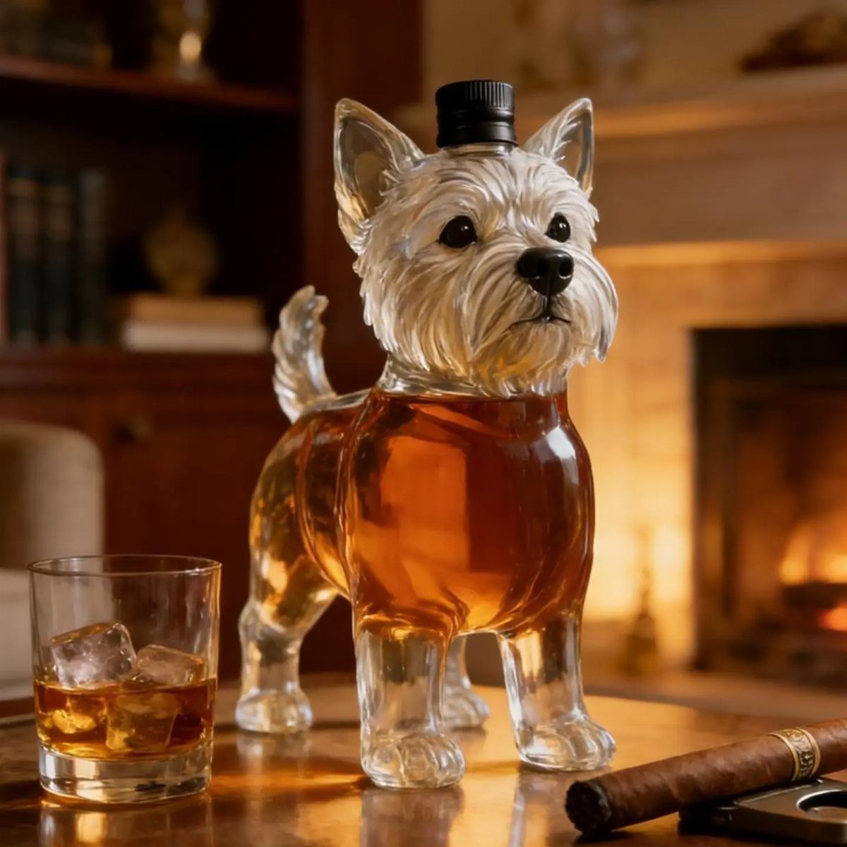 Dog shaped glass whiskey decanter filled with amber liquor on a wooden table