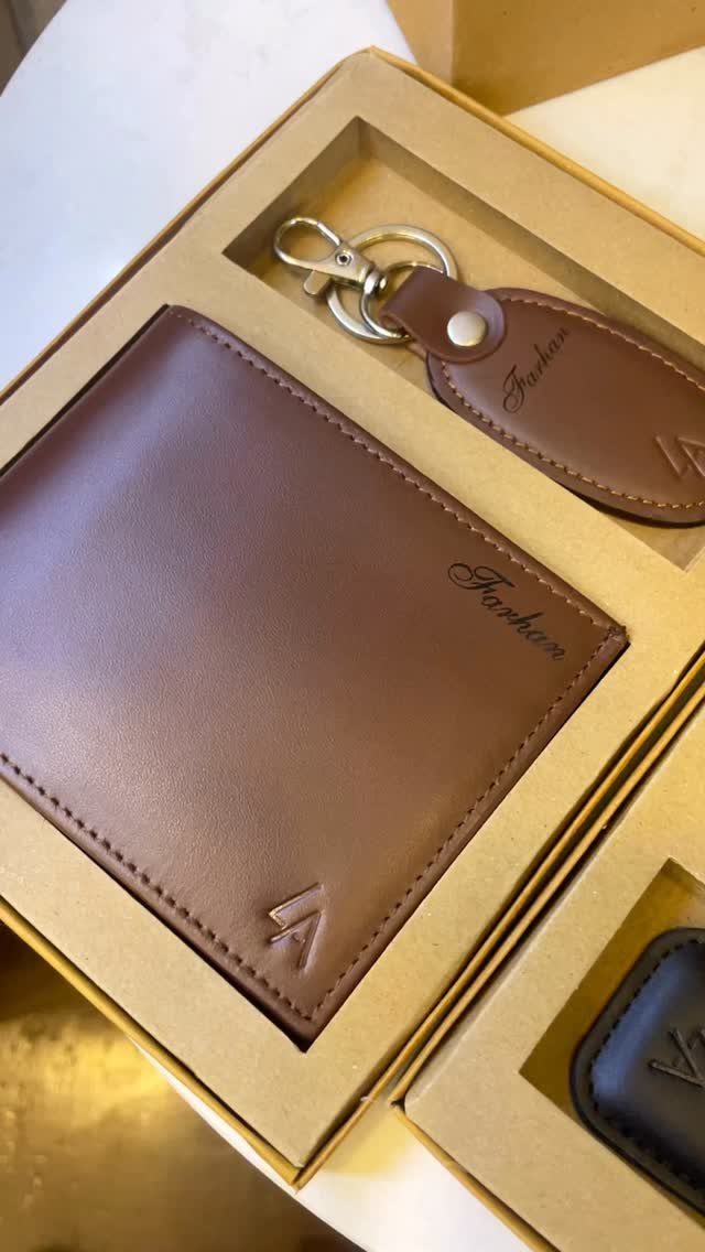 Brown leather wallet and keychain engraved with Farhan in a gift box