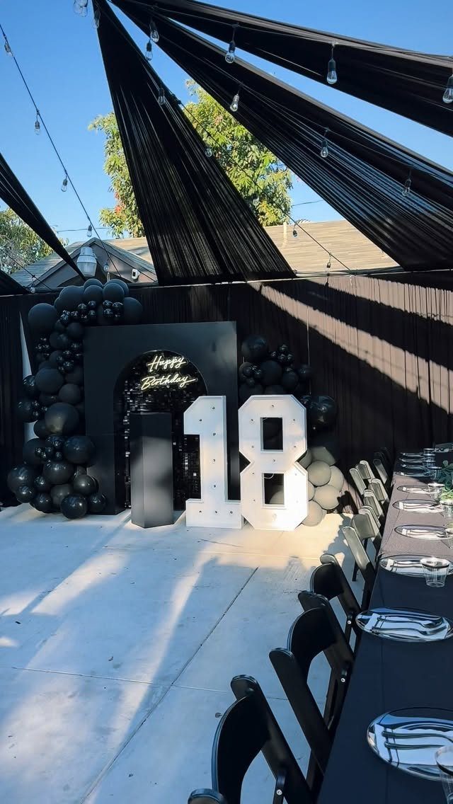 Black themed 18th birthday party setup with large white illuminated numbers and balloons.