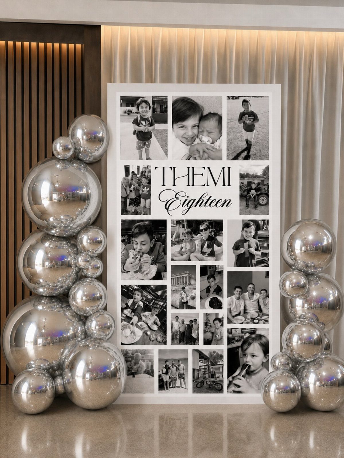 Photo collage backdrop for an 18th birthday party surrounded by silver metallic balloons.