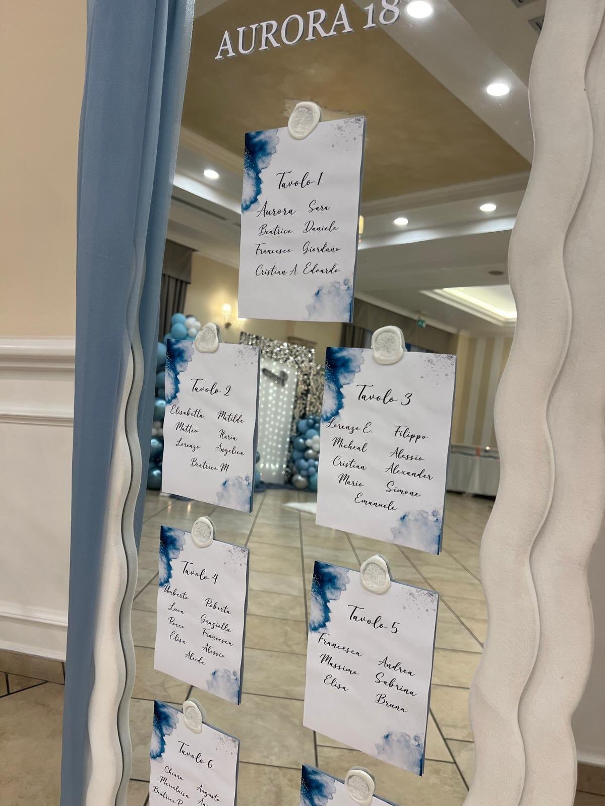 Seating chart on a mirror for Aurora's 18th birthday with blue watercolor accents.