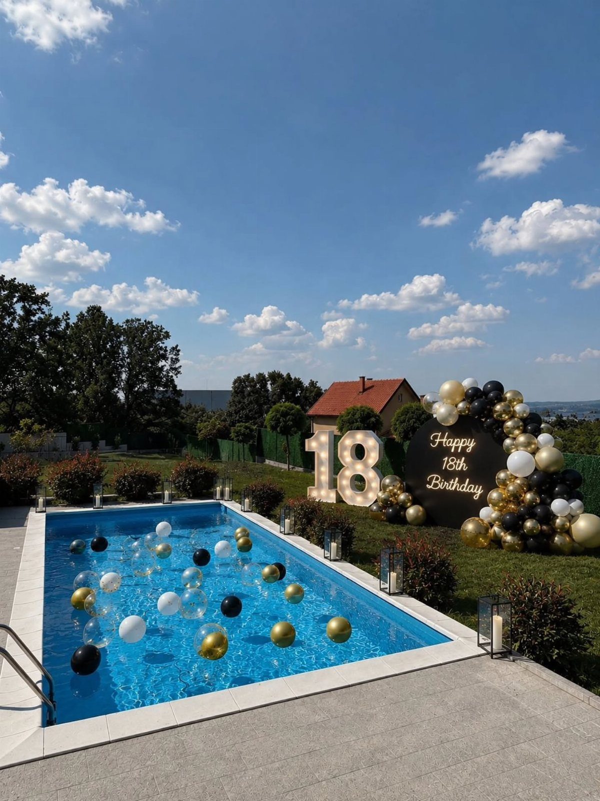 Swimming pool decorated with gold, black, and white balloons for an 18th birthday.