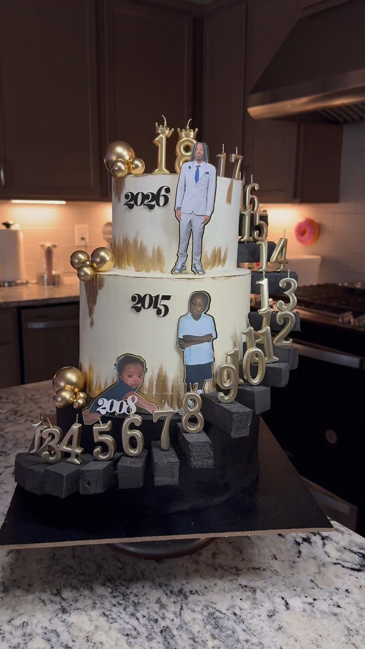 Three-tier birthday cake with gold numbers 1-18 and photos of a growing boy.