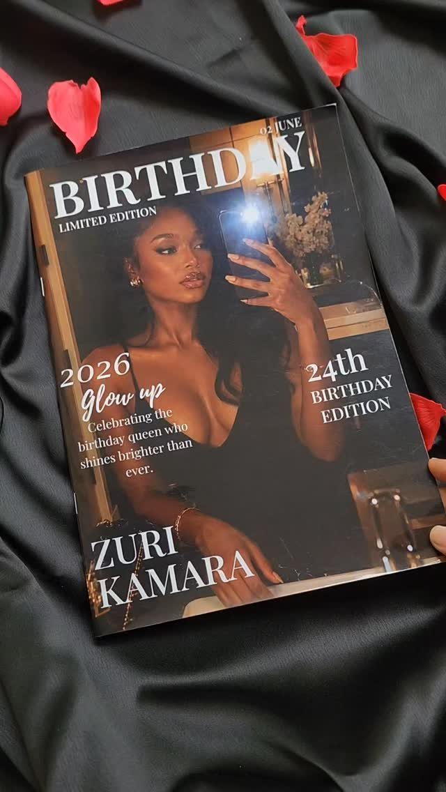 Personalized birthday magazine cover featuring a woman, resting on black satin with rose petals.
