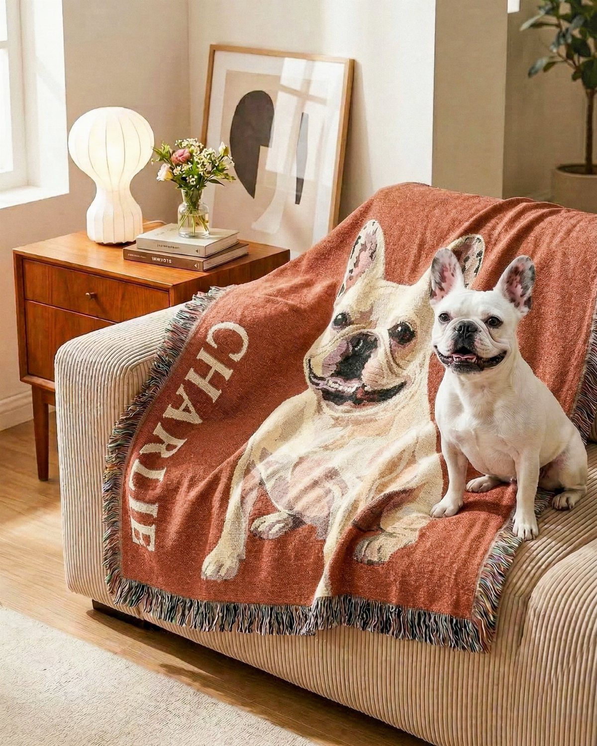 White French Bulldog sitting next to a custom woven blanket with its portrait.