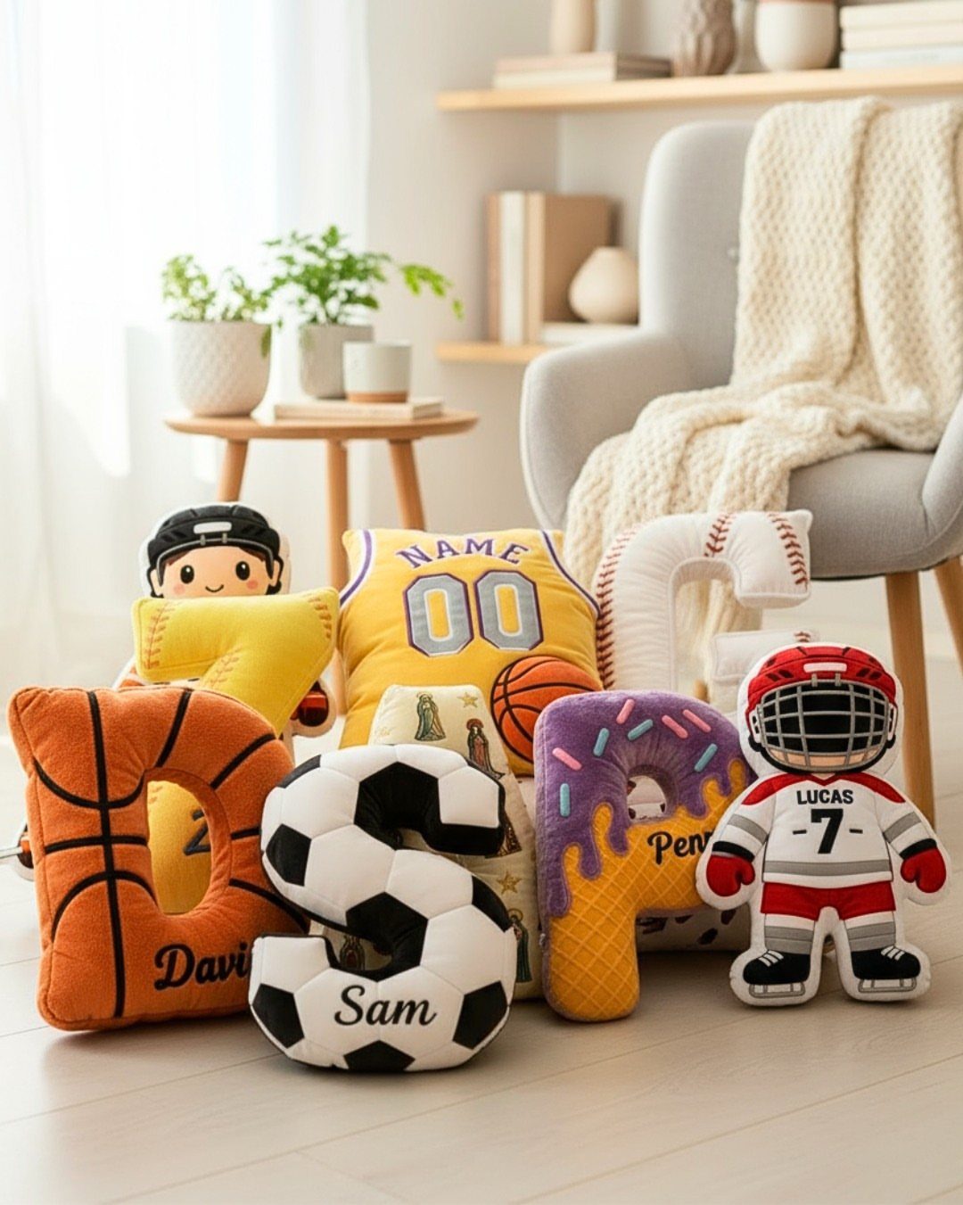 Custom shaped plush pillows including letters and sports characters in a bright room.