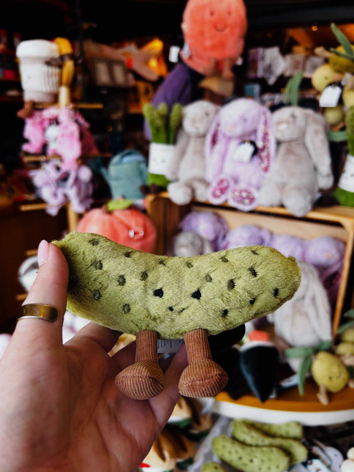 Green plush pickle toy with brown legs held in a person's hand.