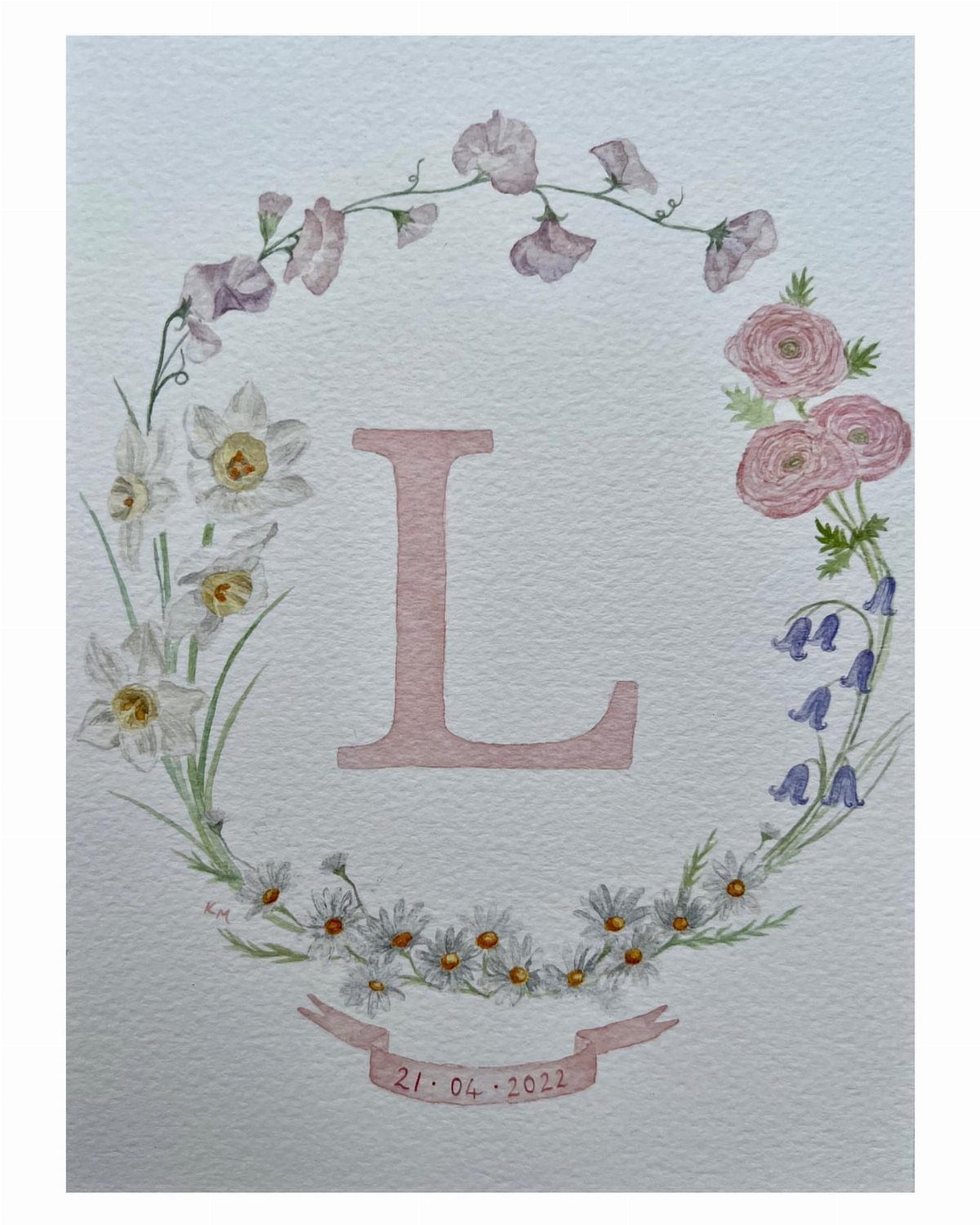Watercolor painting of a pink letter L surrounded by a colorful floral wreath.