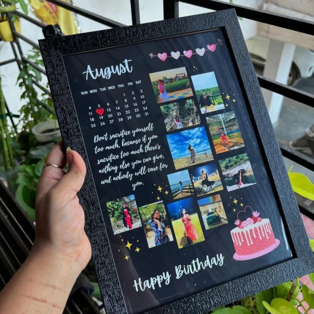 Black photo frame containing a birthday collage with photos, calendar, and birthday wishes.
