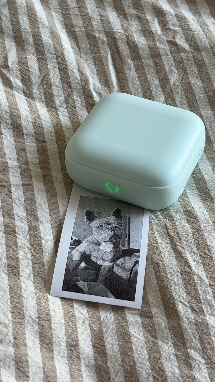 Light-green portable photo printer with a printed black and white dog photo.