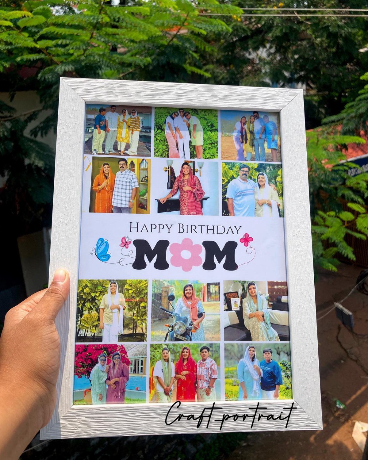 White textured photo frame with a family collage and Happy Birthday Mom text.