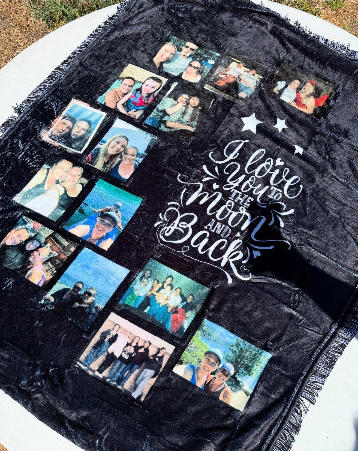 Black plush blanket with printed family photos and 'I love you' script text.