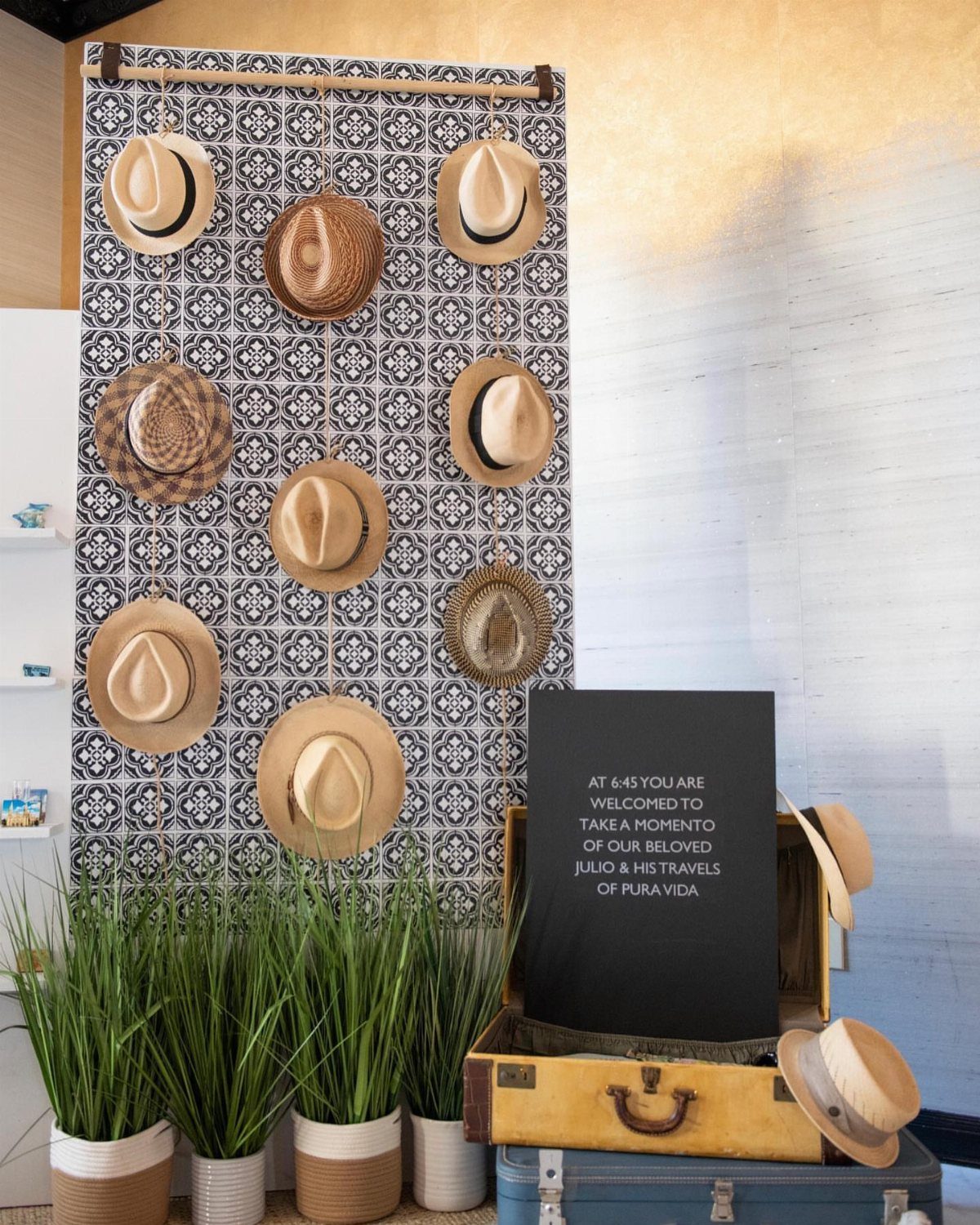 Straw hats hanging on a patterned backdrop with potted grass and vintage suitcases.