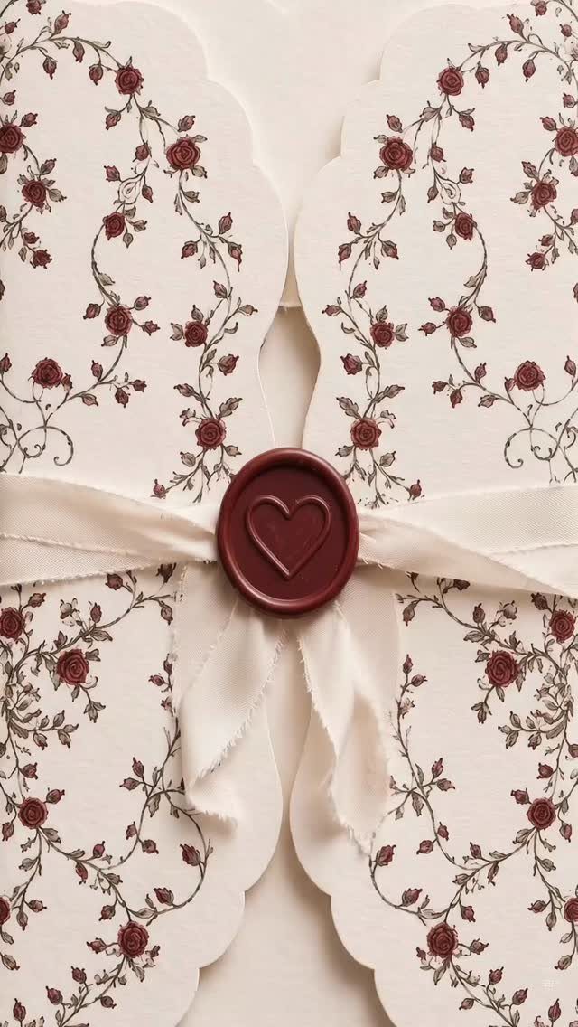 Cream invitation with red rose patterns, white ribbon, and heart-shaped red wax seal.
