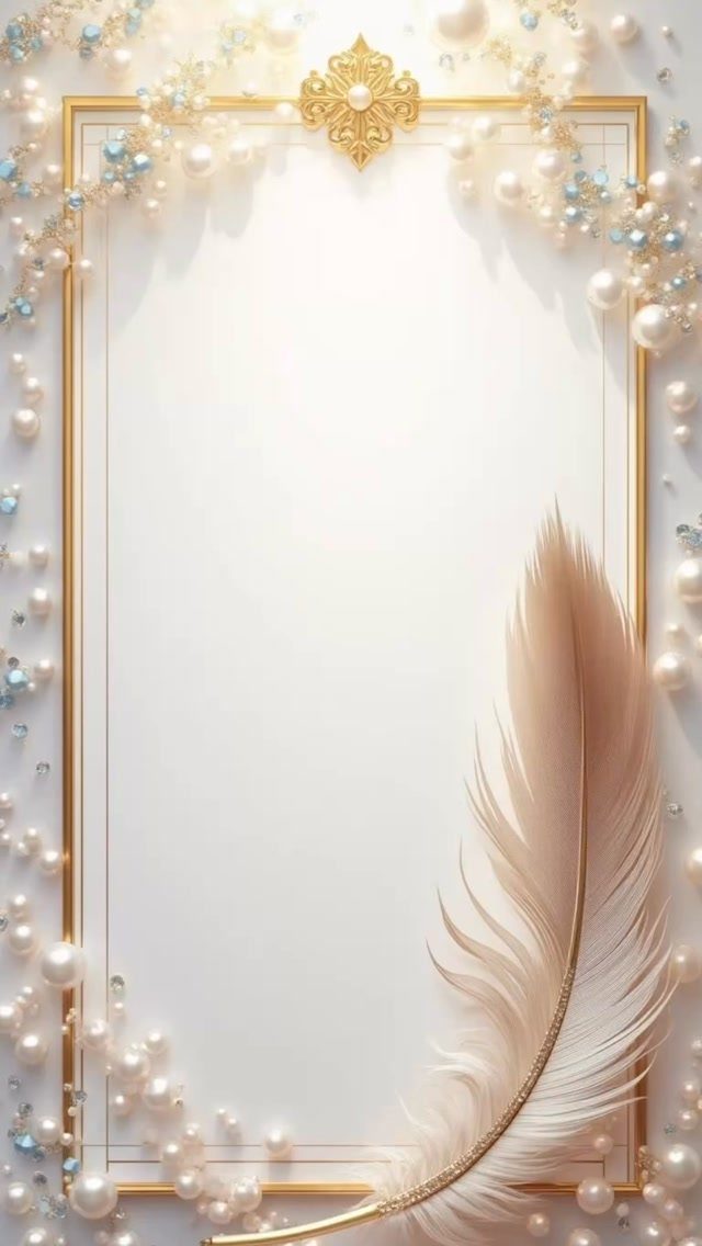 Blank white invitation card with gold border, pearls, and a beige feather.