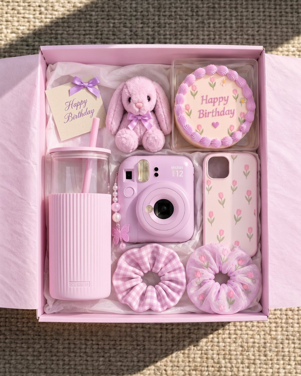 Pink gift box filled with a camera, tumbler, plush bunny, and birthday treats.