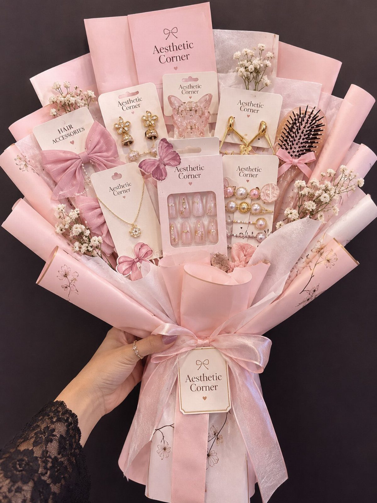 Pink gift bouquet with hair clips, jewelry, and nails wrapped in pink paper.