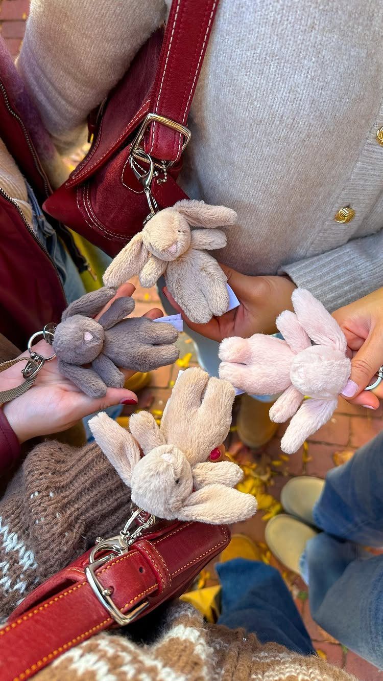 Small plush bunny keychains in various colors held by a group of friends.