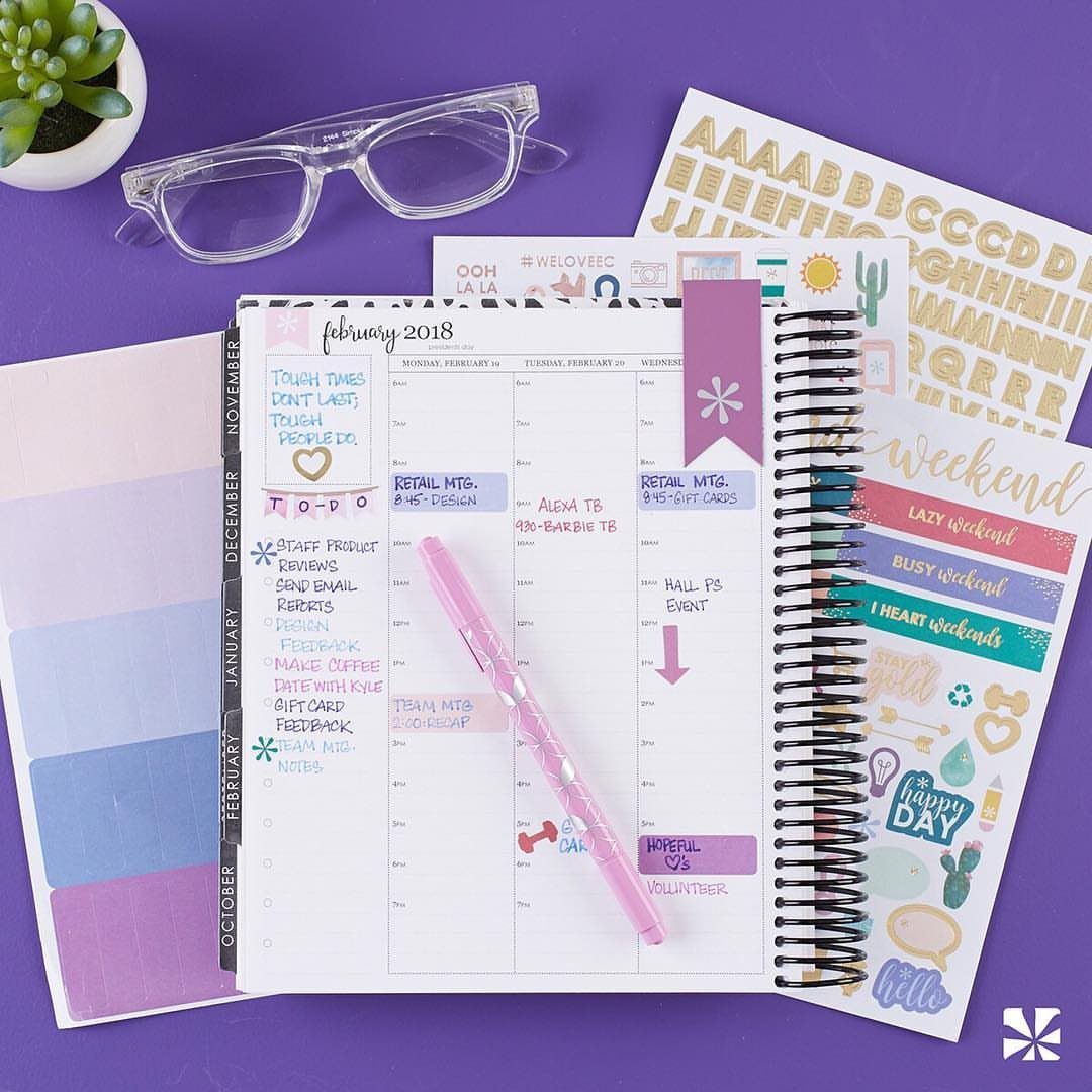 Open spiral planner with a pink pen and stickers on a purple background.