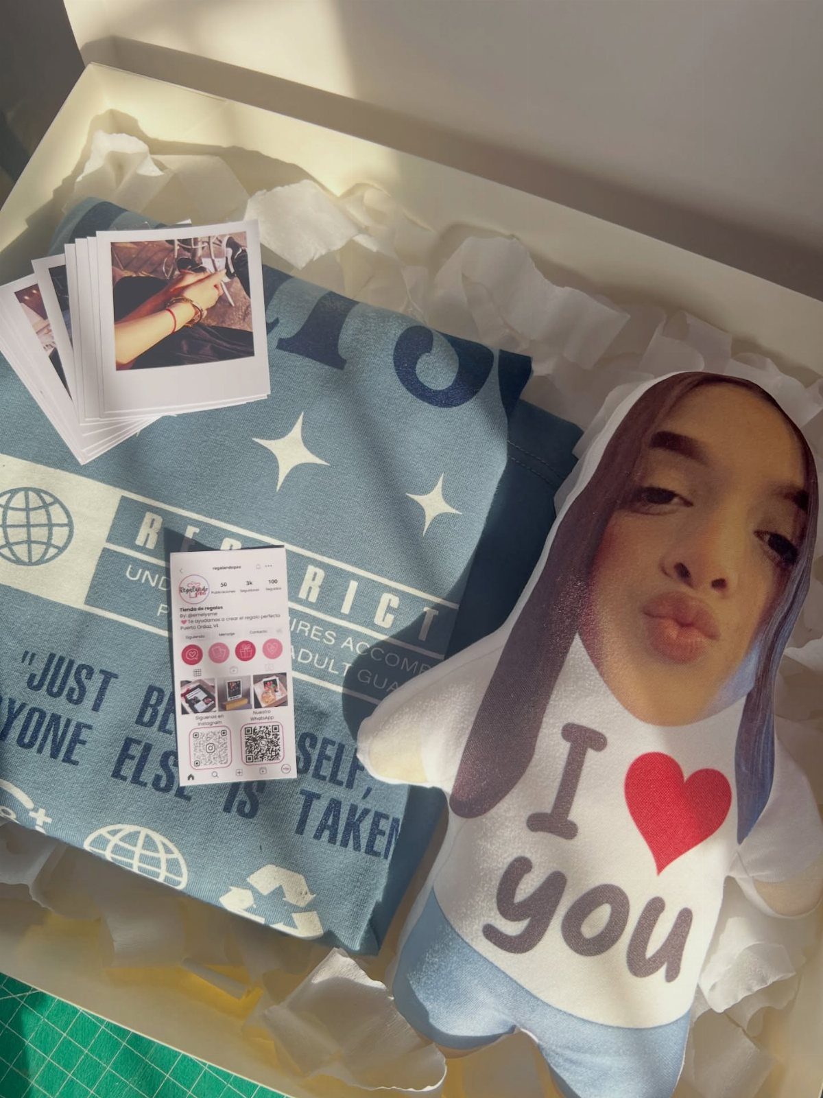 Custom shaped pillow with a woman's face and I love you text in box