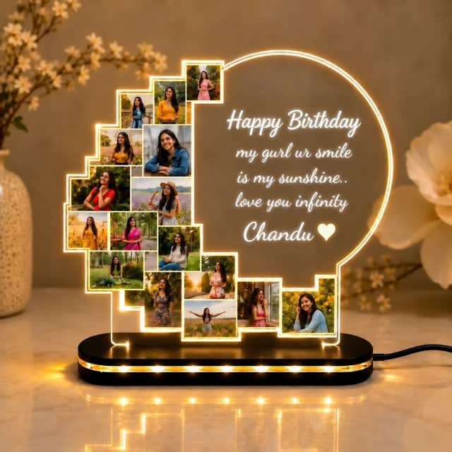 Personalized acrylic birthday lamp with photo collage and glowing warm yellow light.