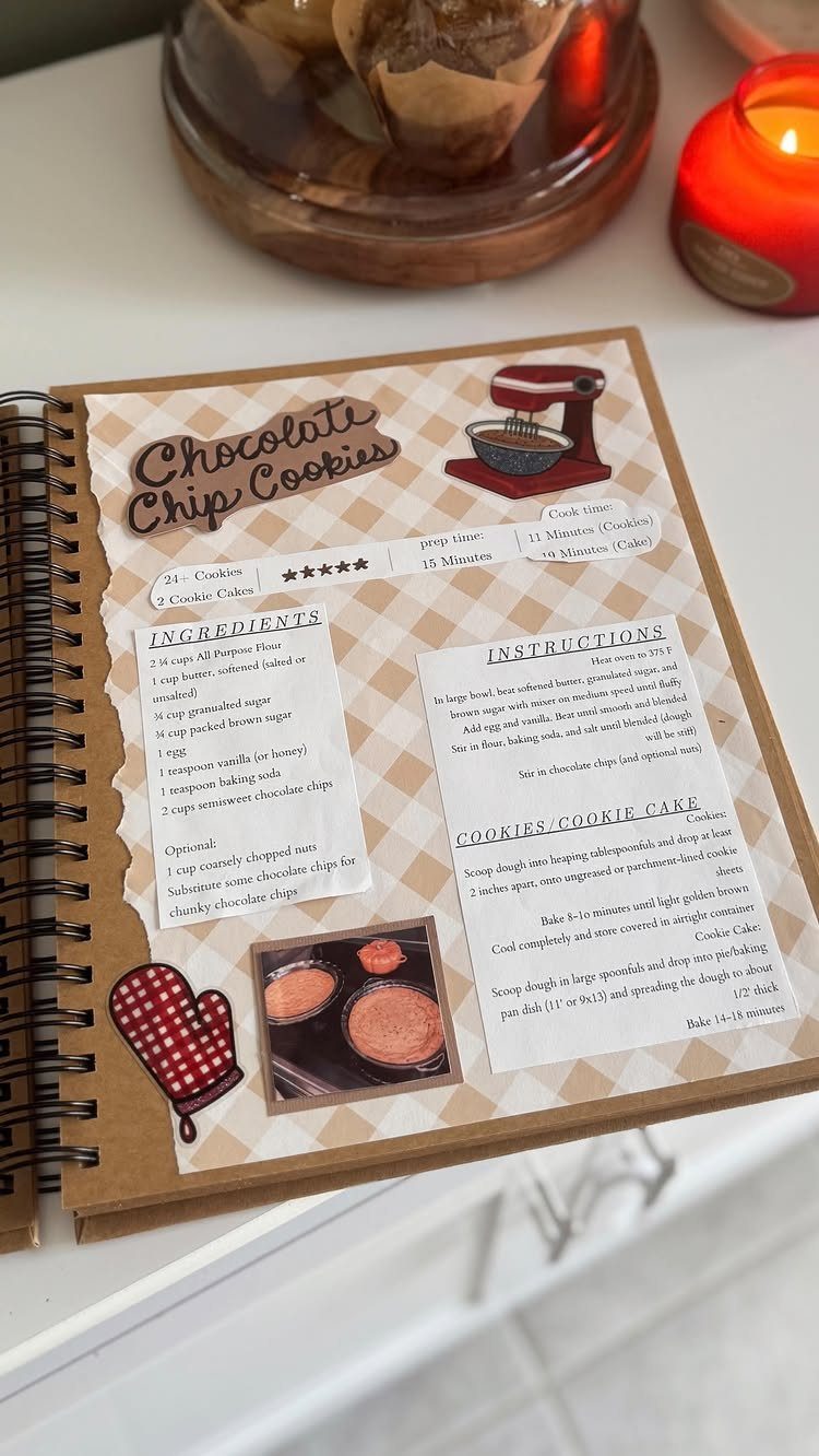 Spiral-bound recipe book open to a decorated chocolate chip cookie recipe page.