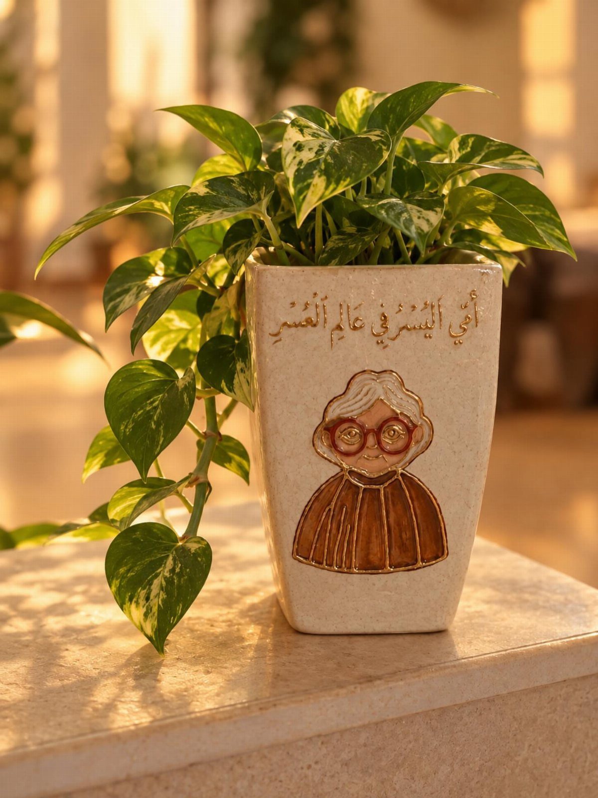 Variegated pothos plant in a white ceramic planter with a hand-drawn elderly woman illustration.