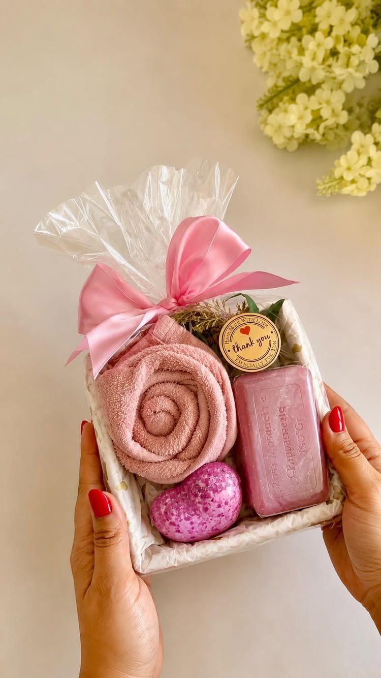 Gift basket with pink towel, soap, and purple bath bomb wrapped in cellophane.