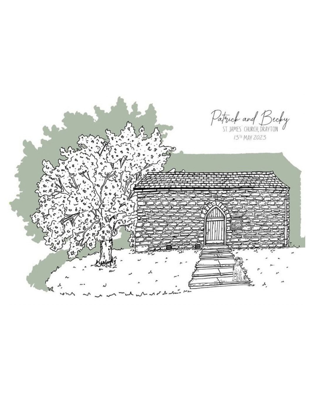 Line drawing of a stone church and tree with personalized wedding text.